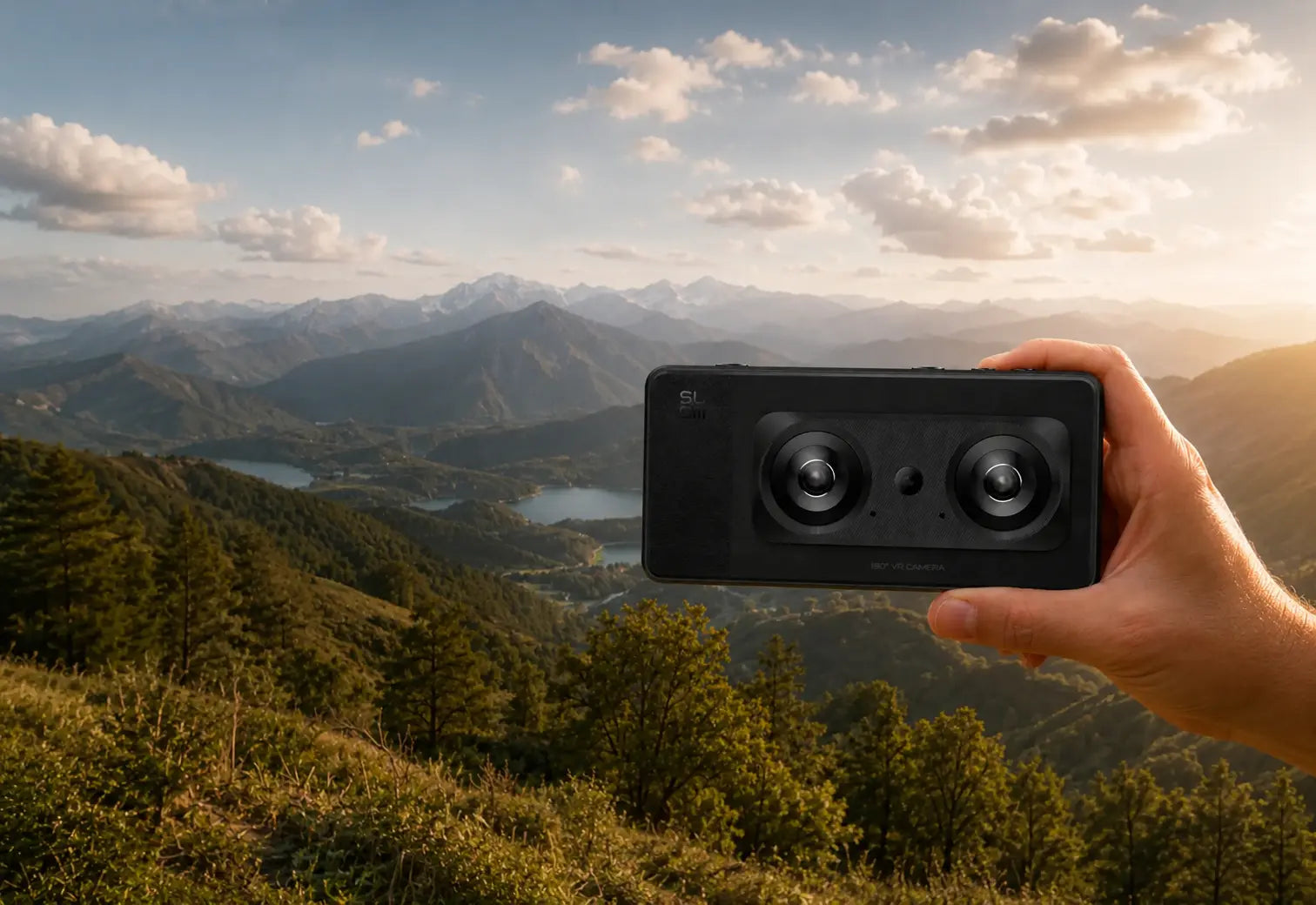 SLAM XCAM held in front of an outdoor landscape